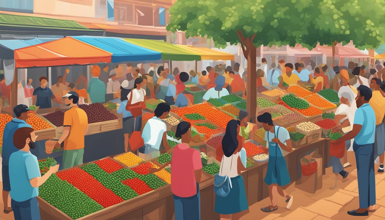 A vibrant market stall displays a colorful array of pequin peppers, surrounded by excited onlookers sampling and purchasing the fiery delicacies