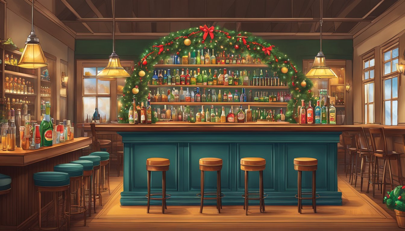 A festive bar scene with traditional holiday cocktail ingredients and Texas-themed decor