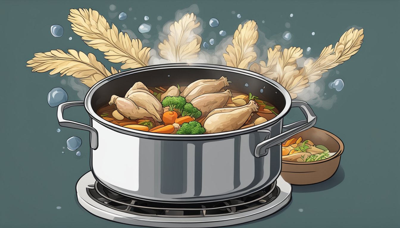 A pot simmering on a stove, filled with chicken bones, vegetables, and water. Steam rises as the ingredients meld together to create a flavorful chicken stock