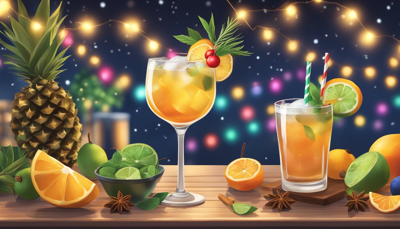 A festive holiday cocktail bar in Texas, adorned with twinkling lights and garnished with seasonal fruits and spices