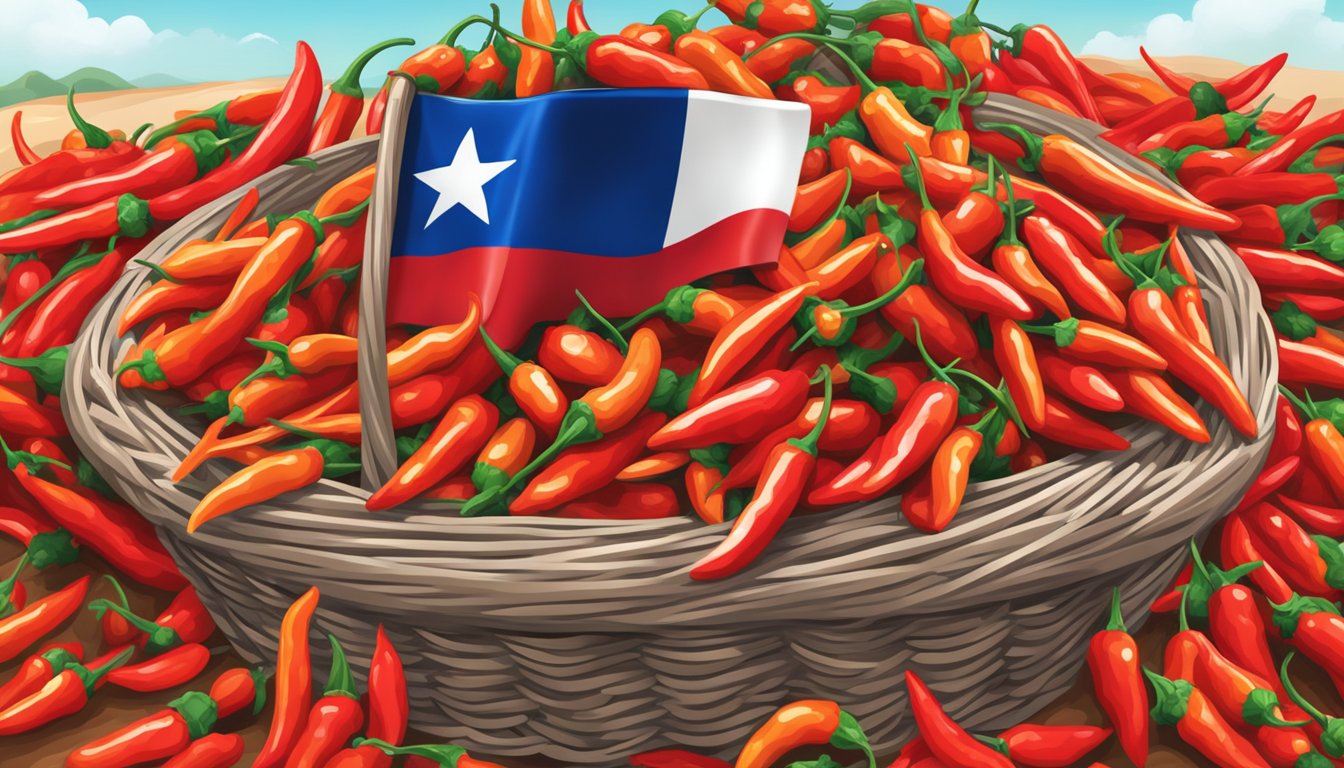 A vibrant fiesta of pequin peppers cascading from baskets, with a Texas flag fluttering in the background