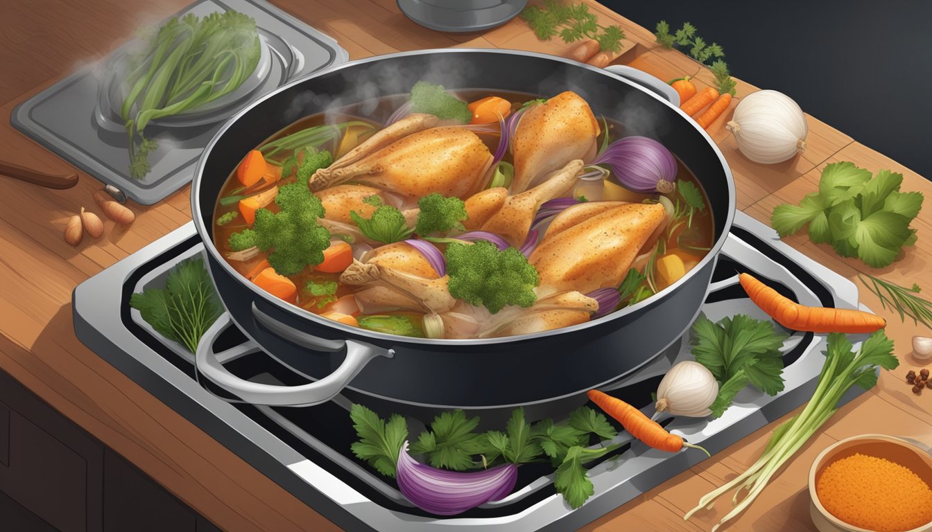 A pot simmering on a stove with chicken bones, onions, carrots, and celery, surrounded by various herbs and spices