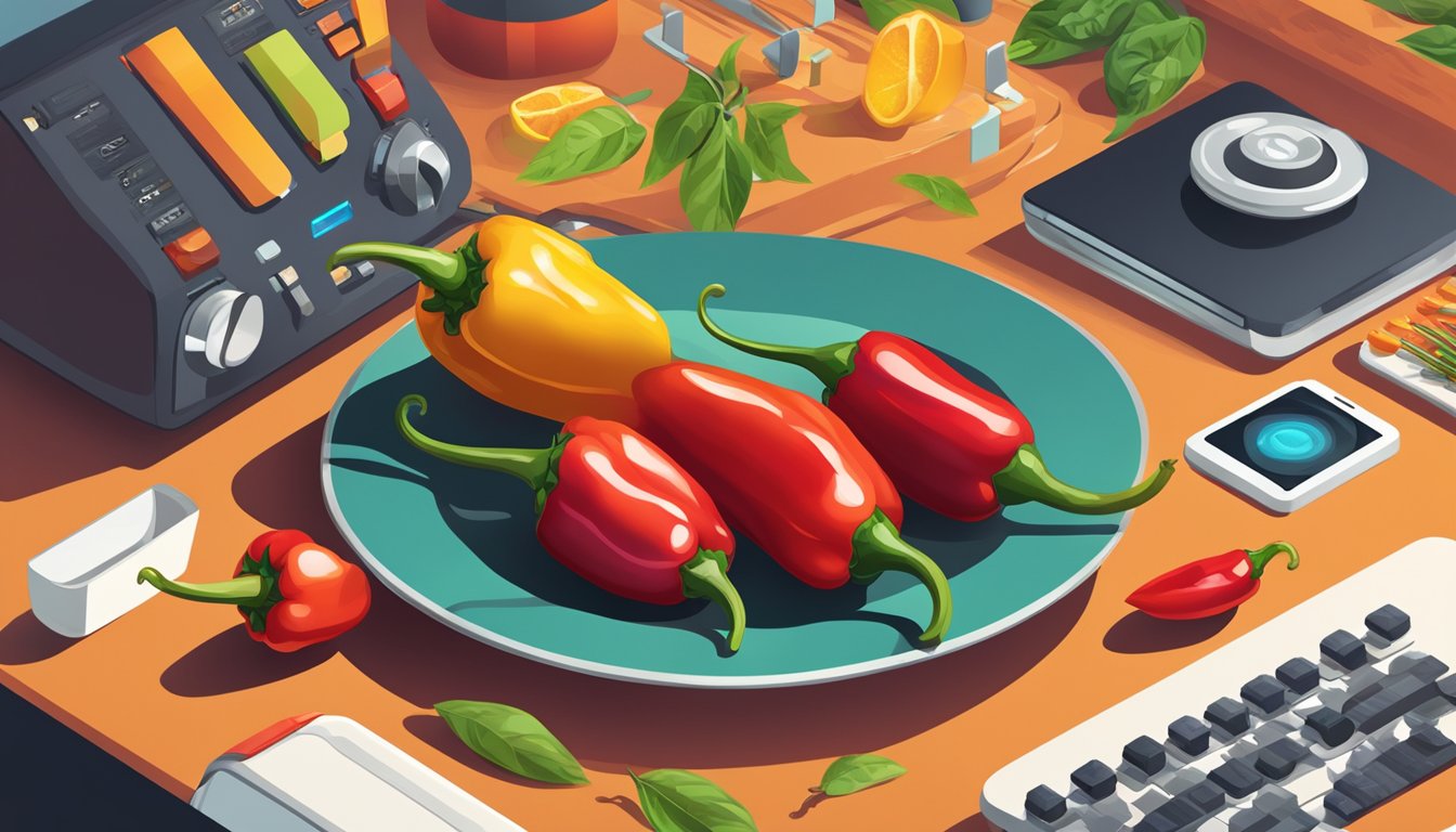 A vibrant digital illustration of a pequin pepper surrounded by modern technological and culinary elements, evoking a sense of celebration and trendiness