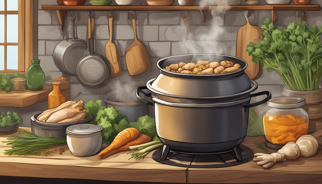 A rustic kitchen with a pot simmering on a stove, filled with chicken bones, vegetables, and herbs for making homemade chicken stock in Texas