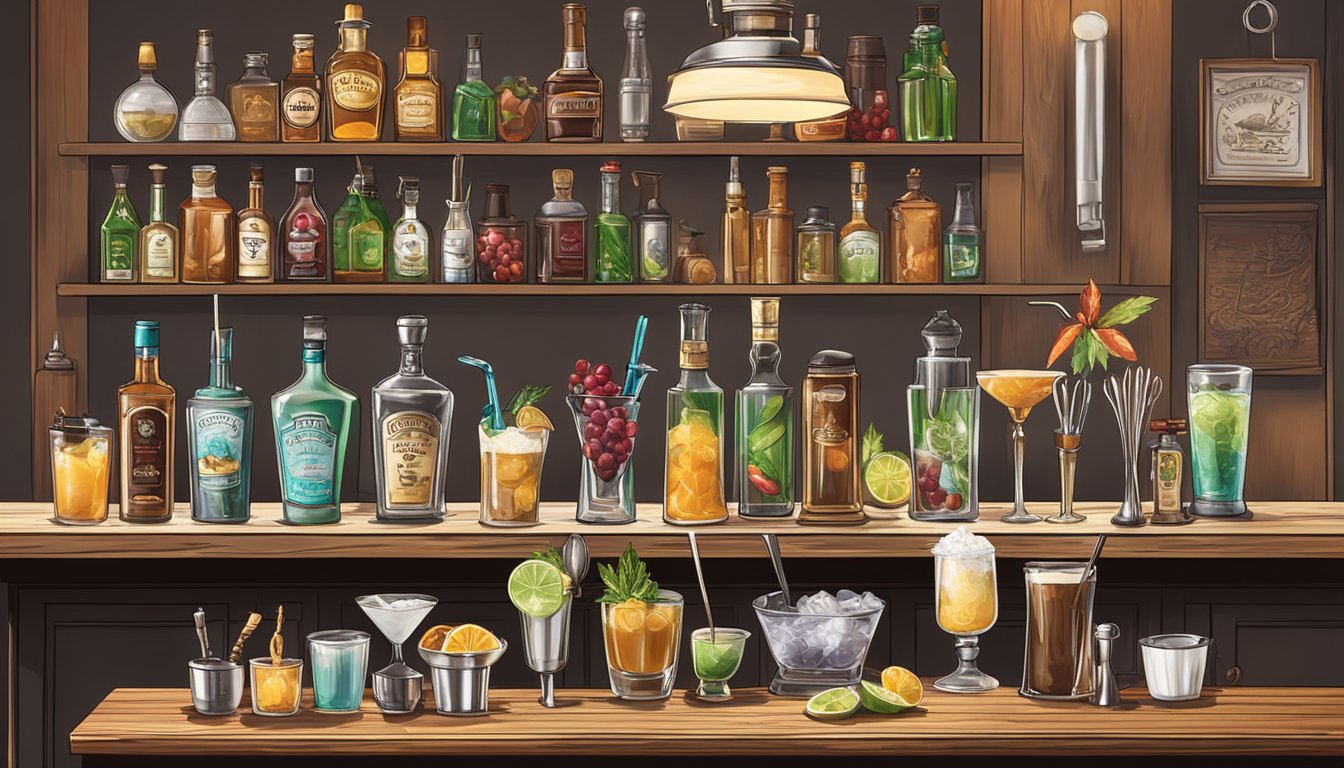 A festive bar setup with a variety of cocktail tools and ingredients, including shakers, muddlers, and garnishes, against a Texas backdrop