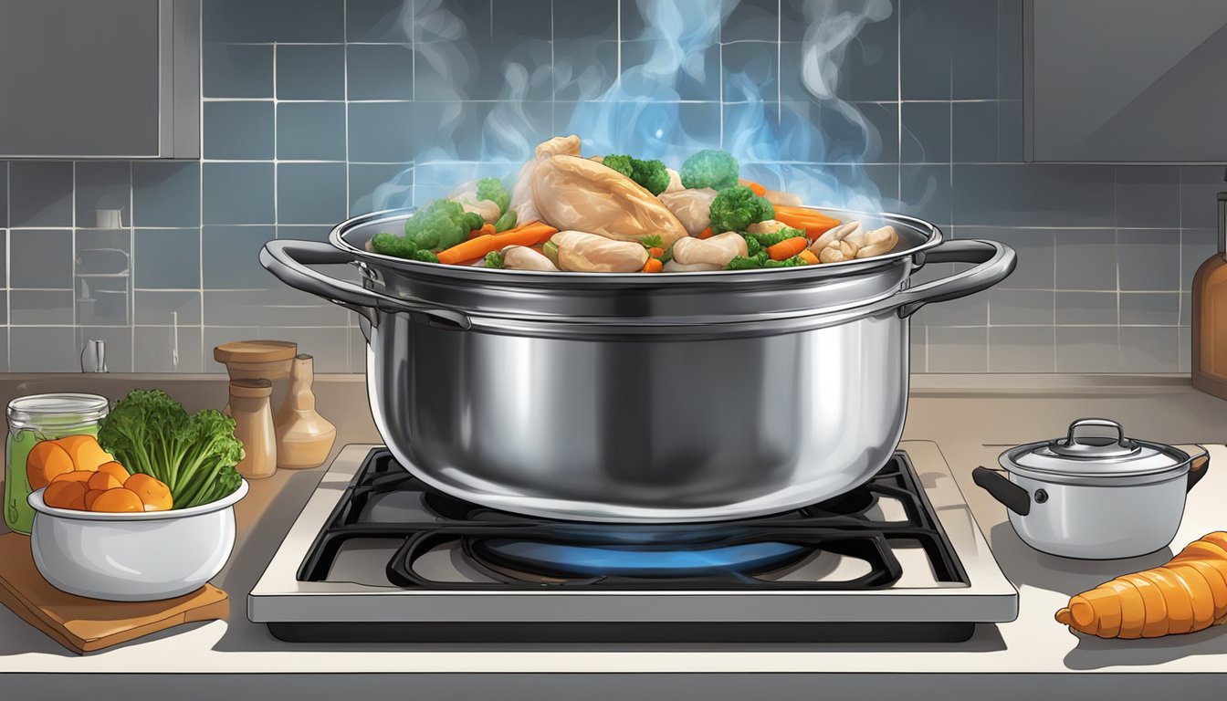 A large pot simmering on a stove, filled with chicken bones, vegetables, and water. Steam rising as the ingredients cook together