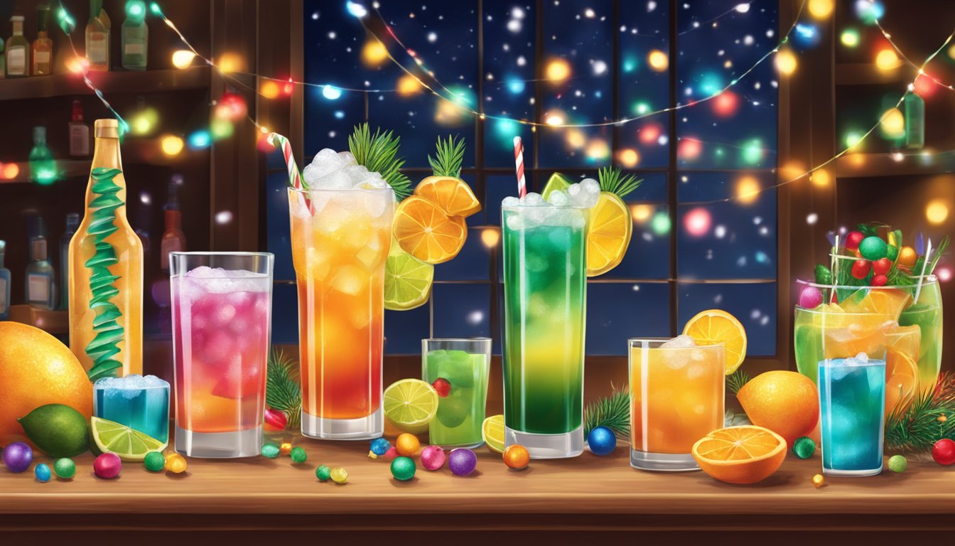 A festive bar scene with colorful, Texas-themed cocktail ingredients and holiday decorations