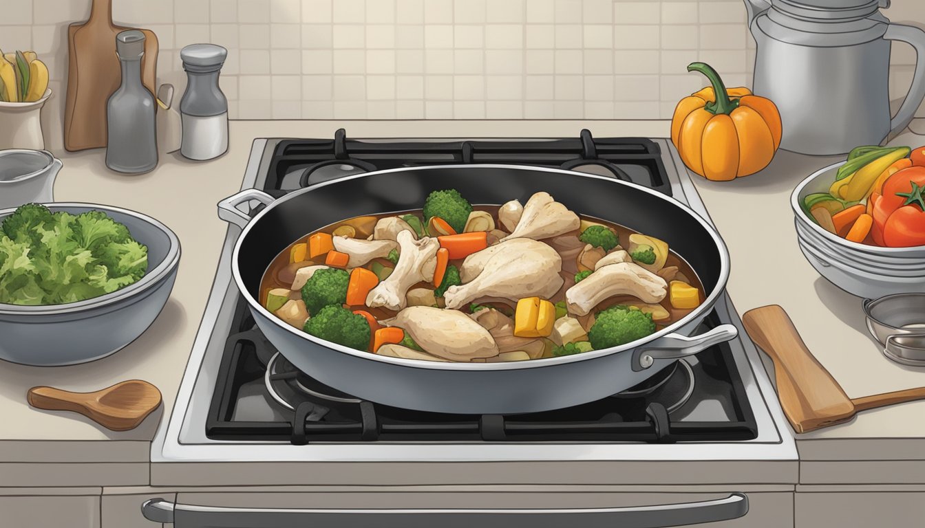 A pot of simmering chicken bones and vegetables on a stovetop in a Texas kitchen