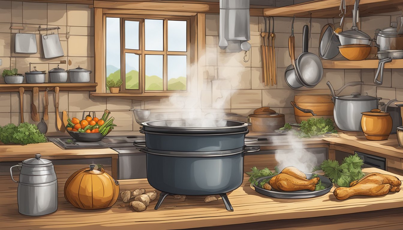 A rustic kitchen in Texas with a pot simmering on a stove, filled with chicken bones, vegetables, and herbs for making homemade chicken stock