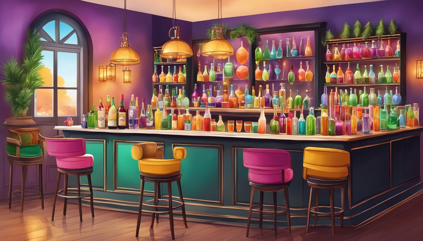 A festive holiday cocktail bar in Texas, with colorful non-alcoholic drinks and decorations, creating an inclusive and celebratory atmosphere