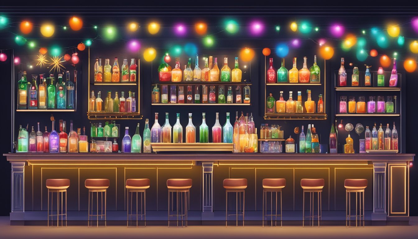 A festive cocktail bar in Texas, adorned with twinkling lights and holiday decorations, featuring unique and colorful drinks with creative garnishes