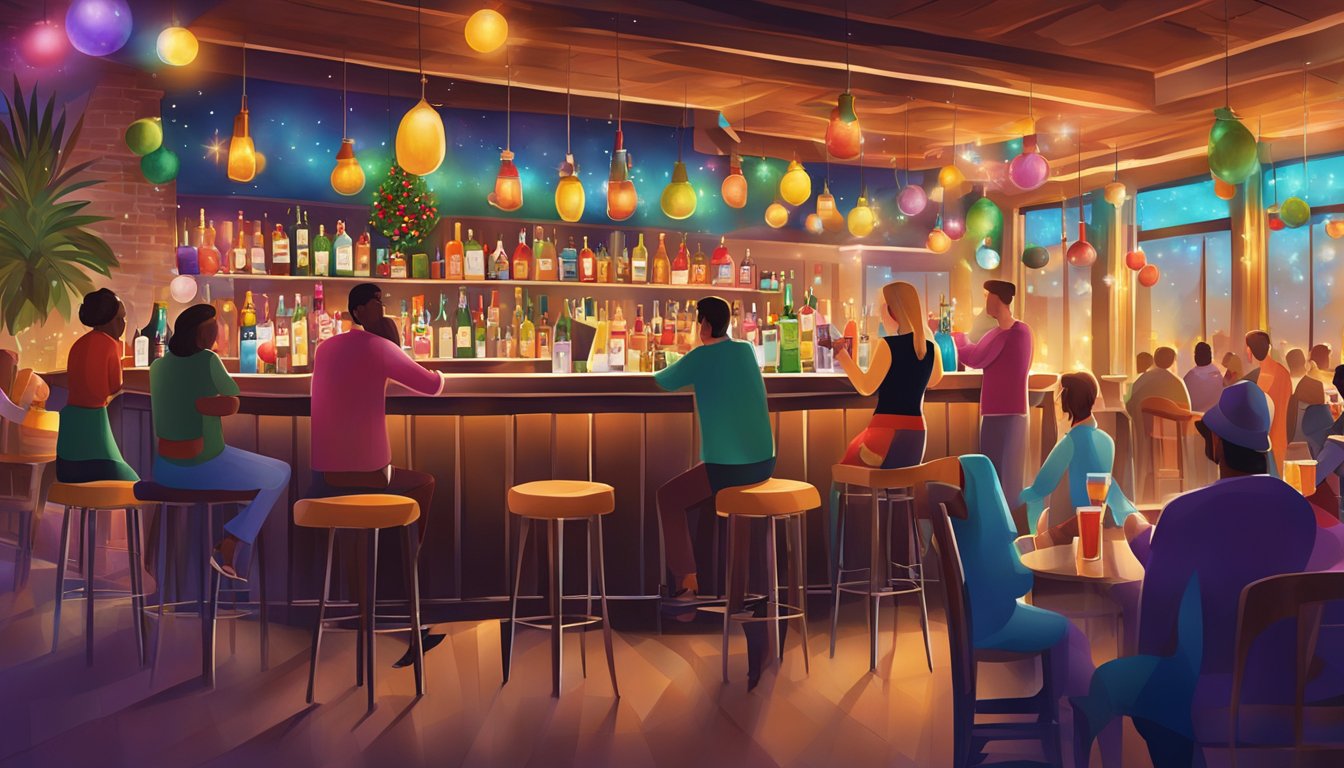 A festive bar scene in Texas with colorful holiday cocktails and lively atmosphere