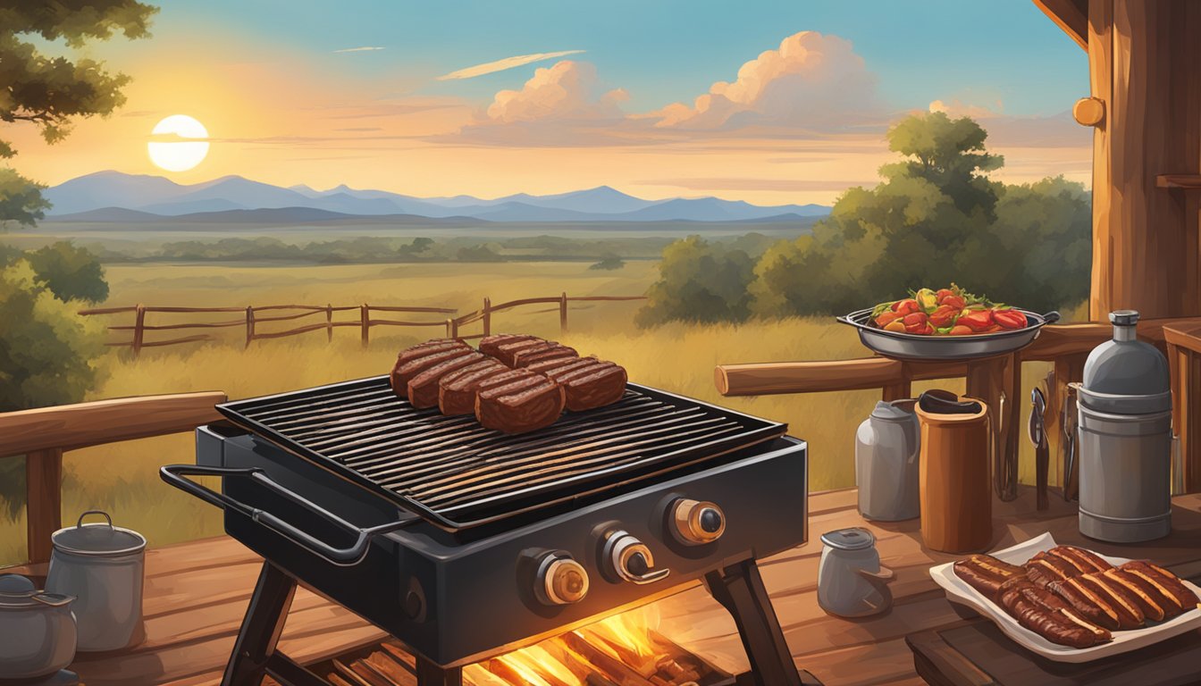 A sizzling grill loaded with juicy steaks, ribs, and sausages, surrounded by a Texas landscape with a lone cowboy hat resting nearby