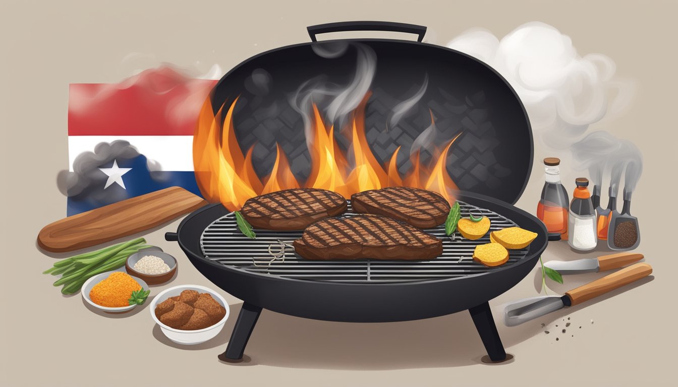 A grill with various tools and ingredients, smoke rising from the hot coals, a Texas flag in the background