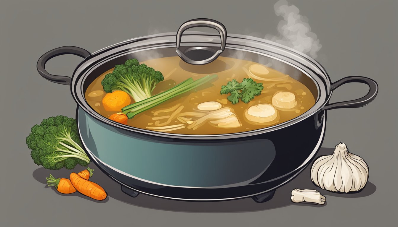 A pot simmering on a stove, steam rising, filled with bones and vegetables. A ladle hovers over the pot, ready to serve the nutritious bone broth