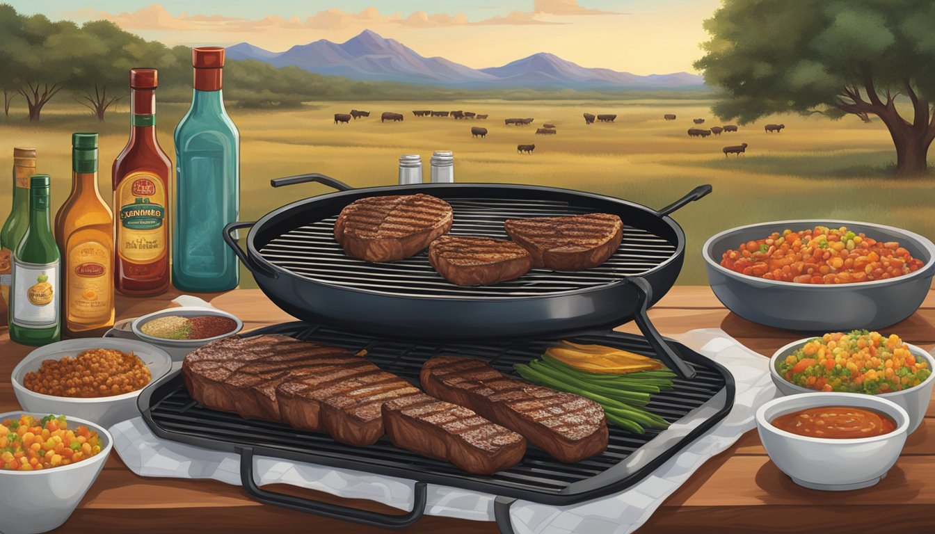 A grill sizzling with steaks, surrounded by bottles of various seasonings and marinades, set against a backdrop of a Texas landscape