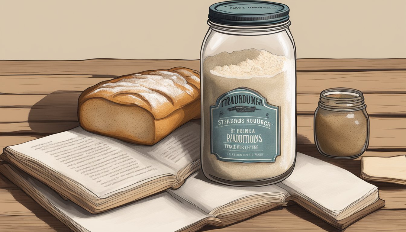 A rustic wooden table with a mason jar of bubbling sourdough starter, a bag of flour, and a worn recipe book open to a page on Texas sourdough traditions