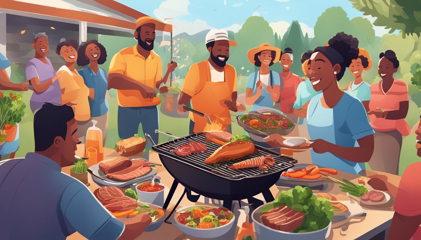 A lively outdoor scene with people gathered around a large grill, cooking various meats and vegetables, while music and laughter fill the air