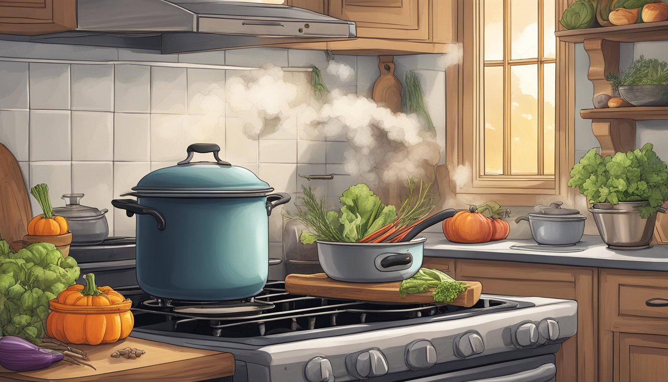 A pot simmering on a stove with bones, vegetables, and herbs, steam rising, in a cozy Texas kitchen