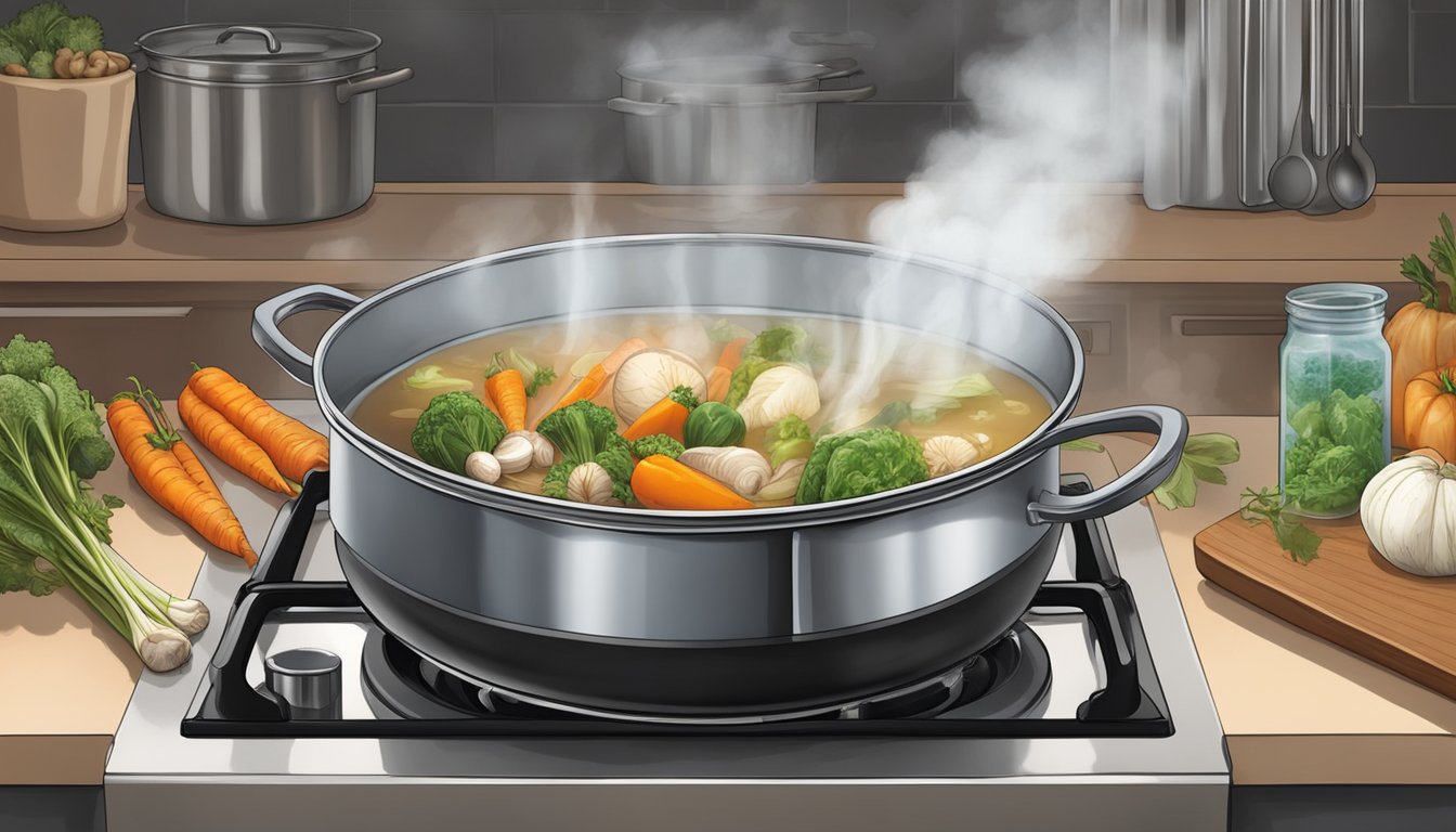 A large pot simmering on a stovetop, filled with bones, vegetables, and water. Steam rises as the ingredients meld together to create a nutritious bone broth