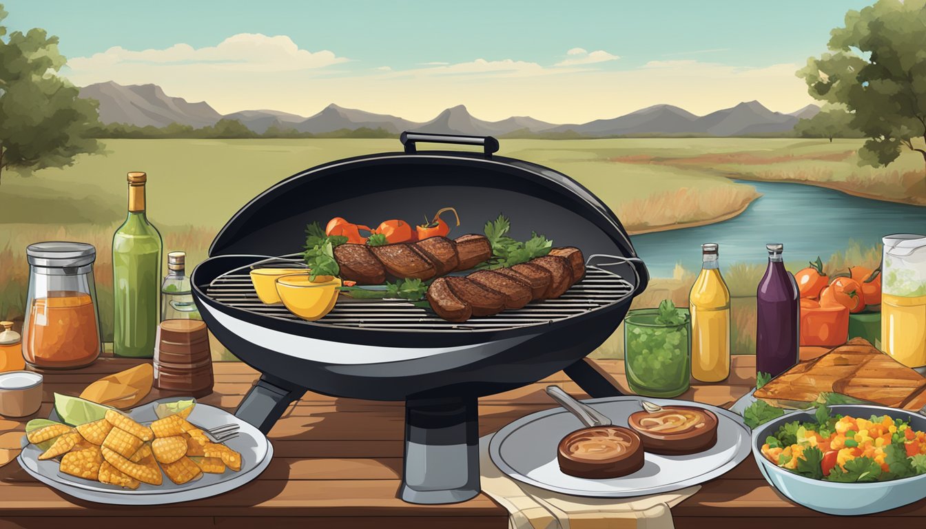 A backyard grill with various sides and accompaniments set out on a table, surrounded by a Texas landscape