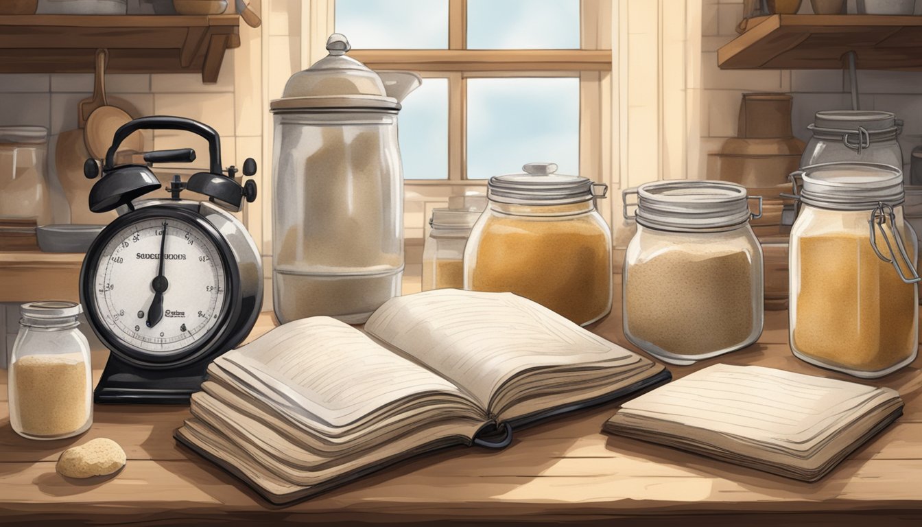 A rustic farmhouse kitchen filled with jars of bubbling sourdough starter, a vintage scale, and a worn recipe book open to a page on sourdough techniques