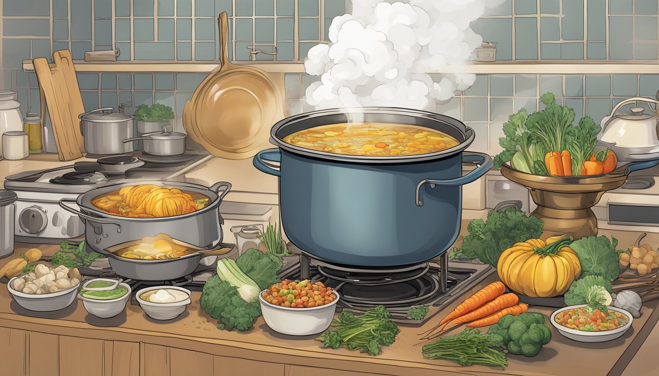 A large pot simmering on a stove, filled with bones, vegetables, and water. Steam rises as the ingredients meld together to create a rich, golden broth