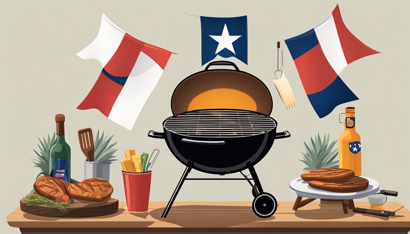 A backyard grill surrounded by various grilling tools and accessories, with a Texas flag waving in the background