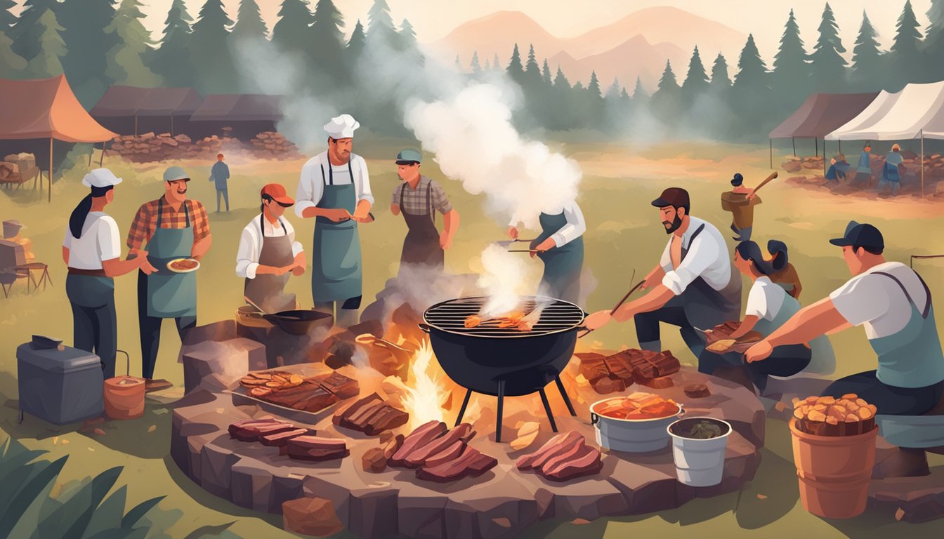 A group of people gather around a large open pit, cooking various cuts of meat over a smoky fire. The air is filled with the delicious aroma of grilling meat