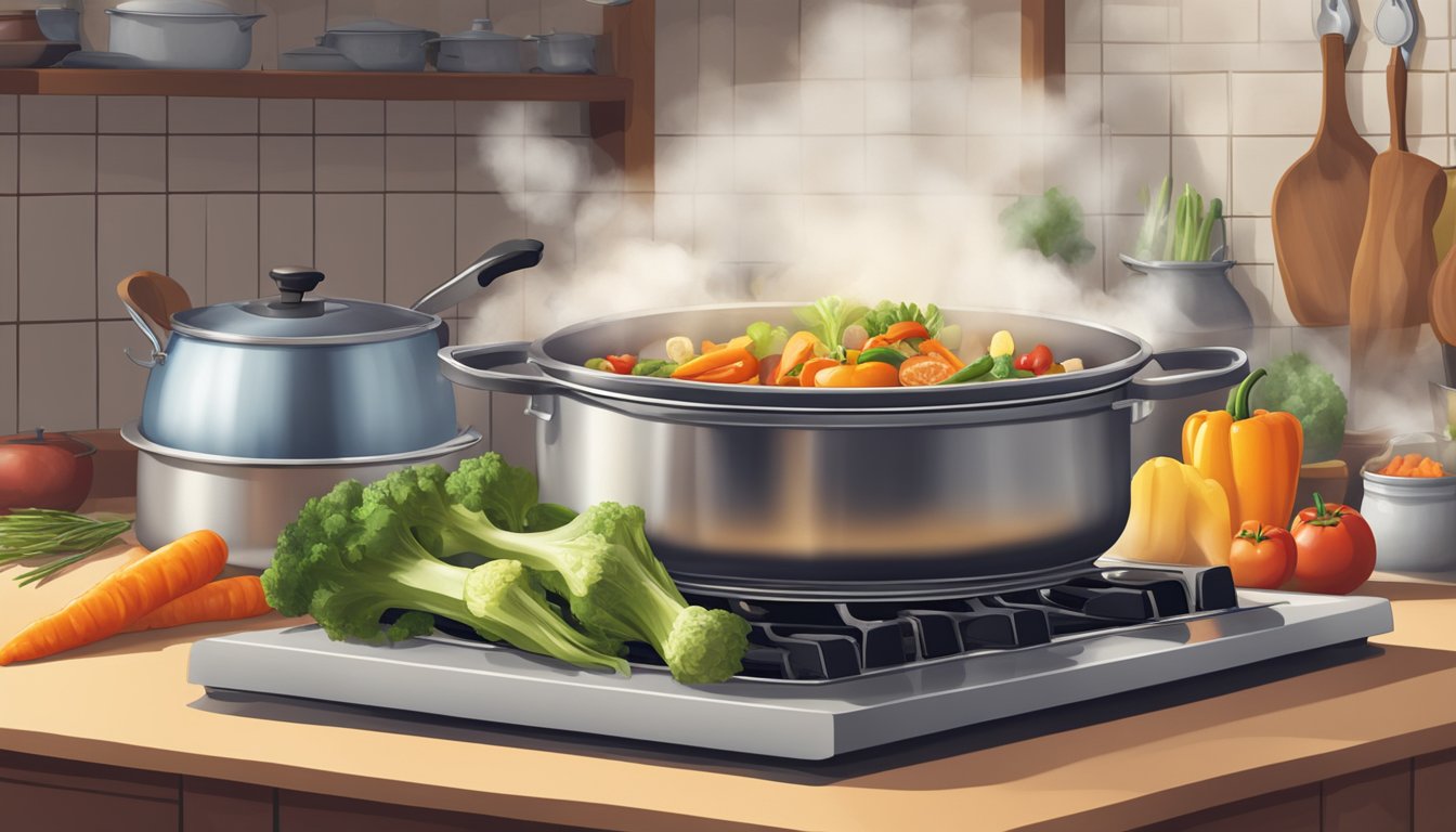 A pot simmering on a stovetop with various bones and vegetables, steam rising, in a cozy kitchen in Texas