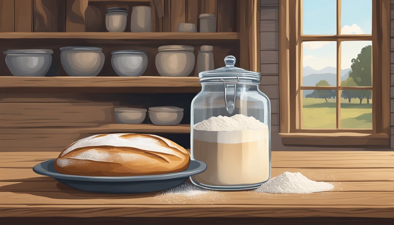 A rustic wooden table with a jar of bubbling sourdough discard, flour, and a mixing bowl, set against the backdrop of a Texas farmhouse