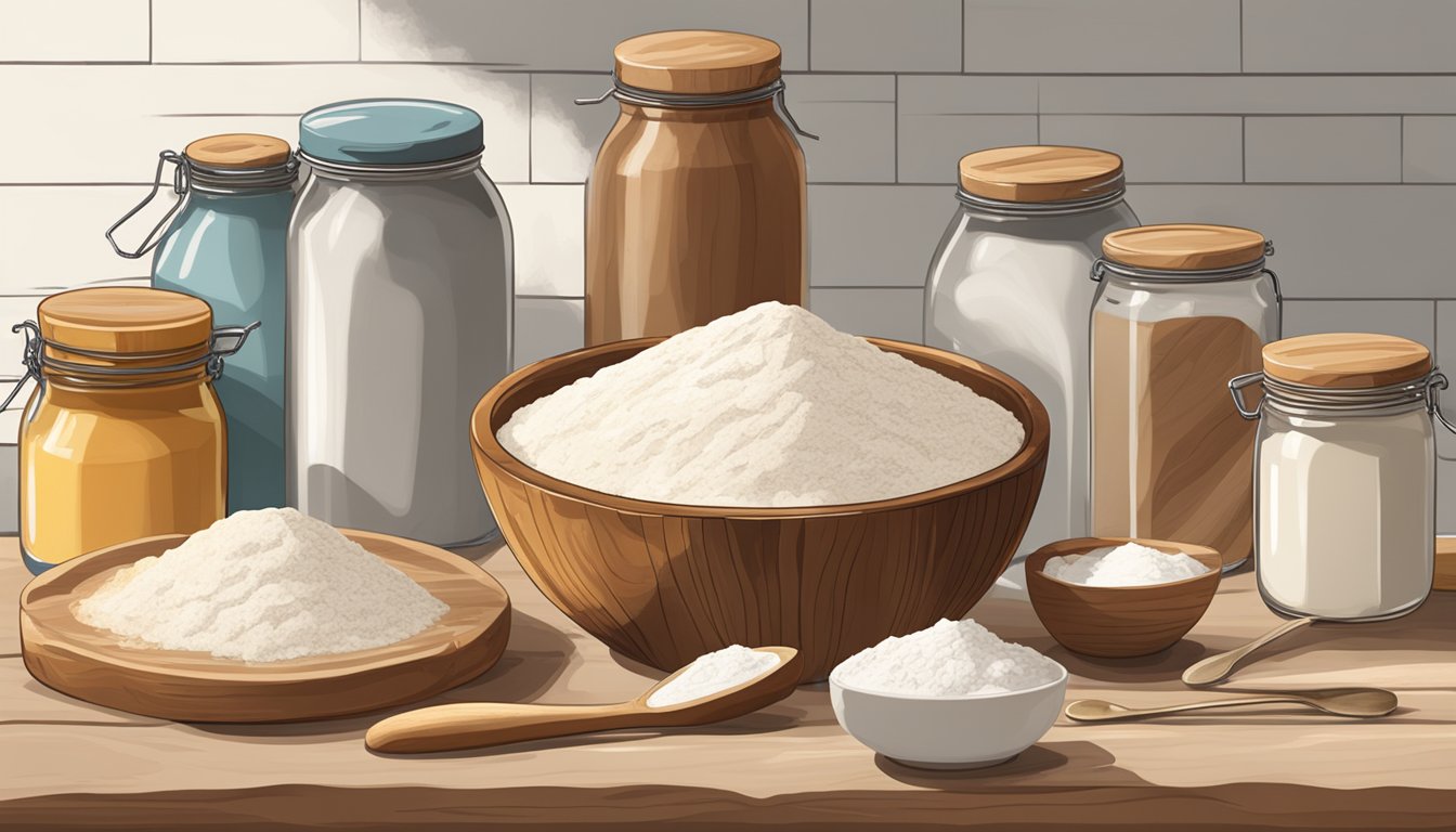 A rustic kitchen counter with bowls of flour, jars of sourdough starter, a wooden rolling pin, and a mixing spoon