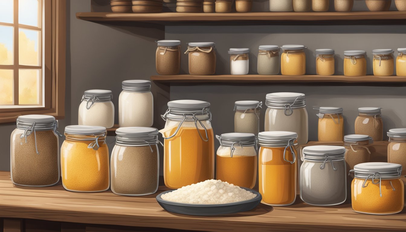 A rustic Texan kitchen with a bubbling sourdough starter on the counter, surrounded by bags of flour and jars of local honey and spices