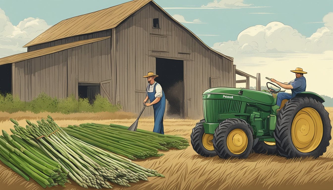 A farmer gathers fresh asparagus from a field, while others prepare to store it in a rustic barn