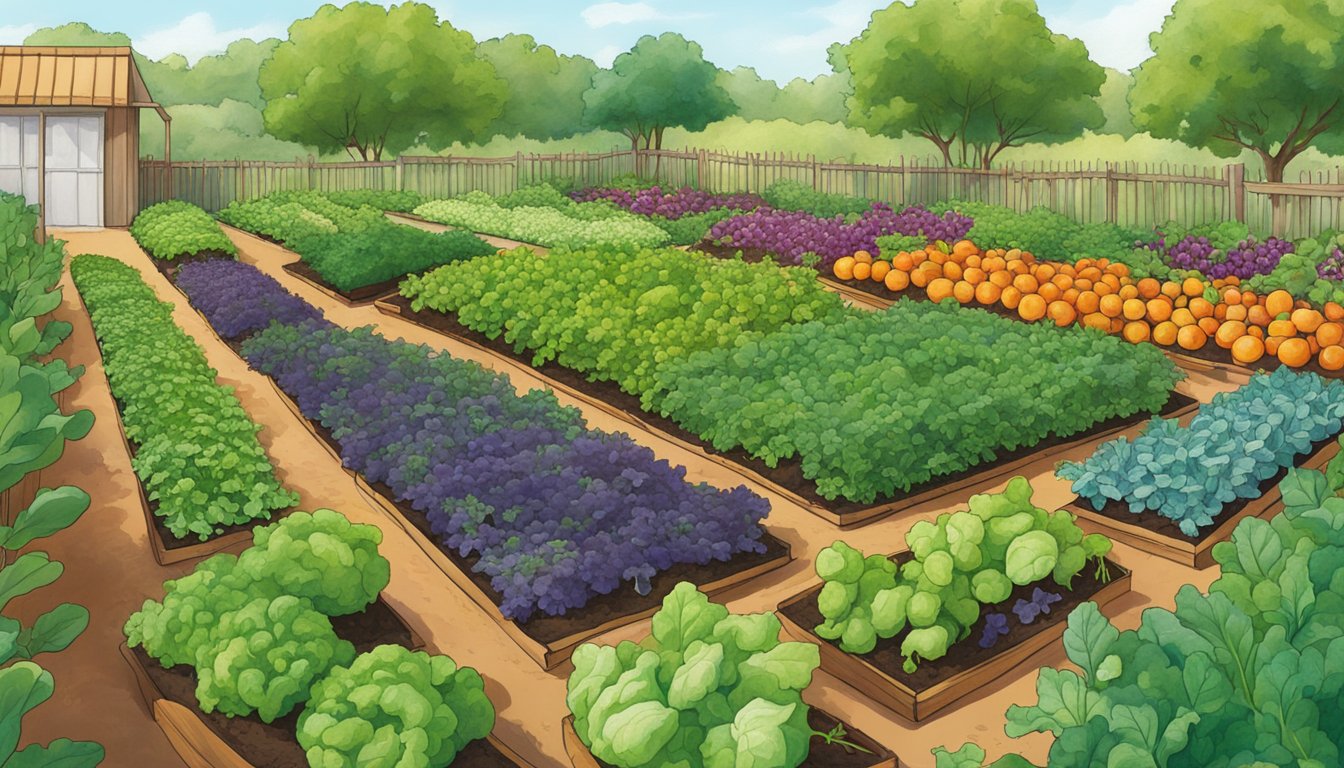 A vibrant arugula patch in a Texas garden, surrounded by other fresh, seasonal produce