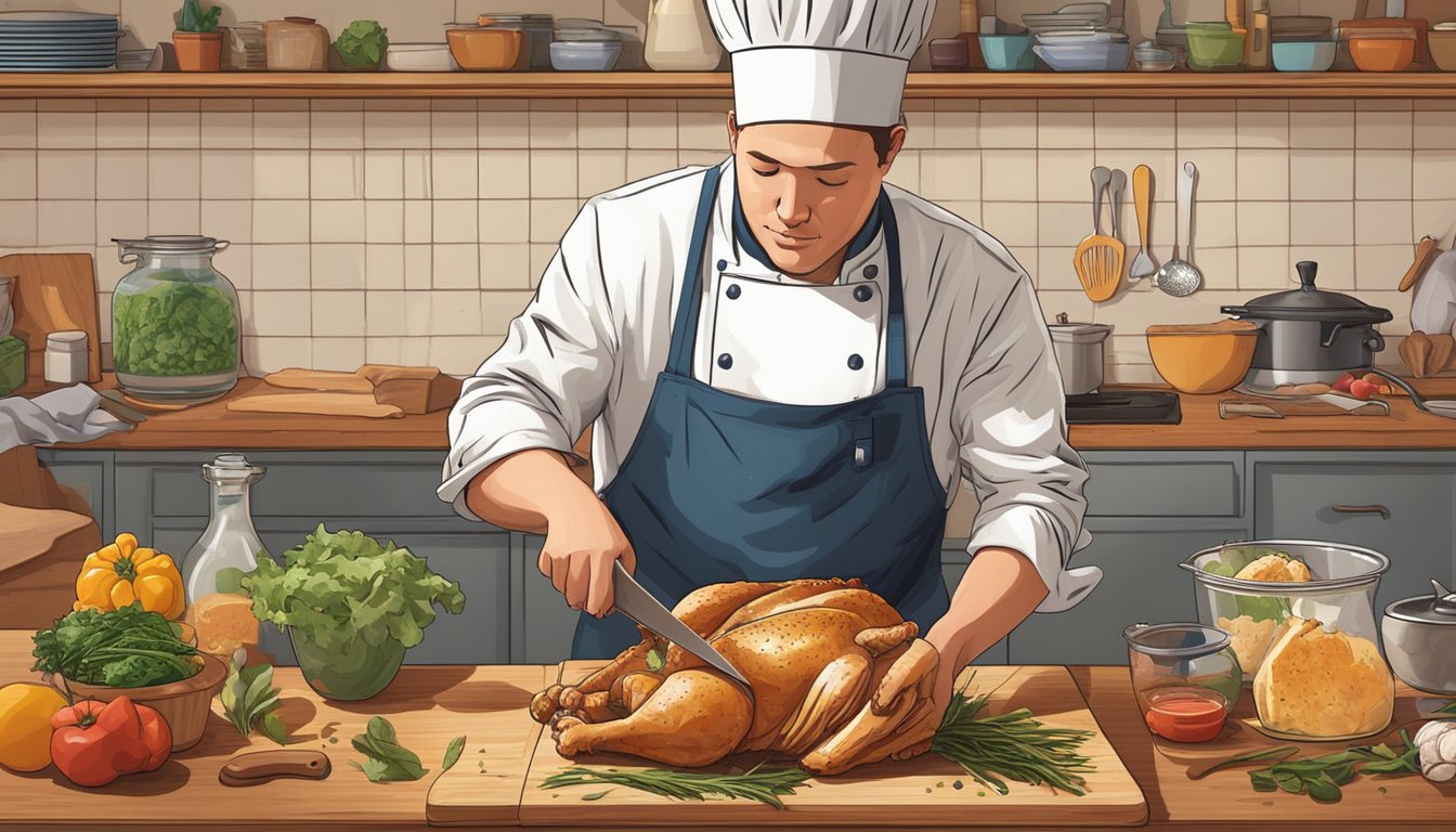 A chef skillfully cuts up a whole chicken on a wooden cutting board in a Texas kitchen, surrounded by various leftover ingredients