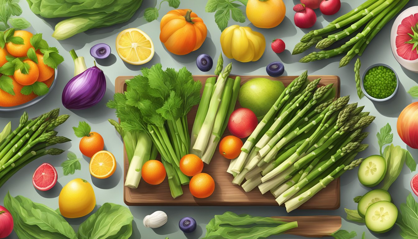 A table set with a variety of fresh spring produce, including vibrant green asparagus, and other seasonal fruits and vegetables