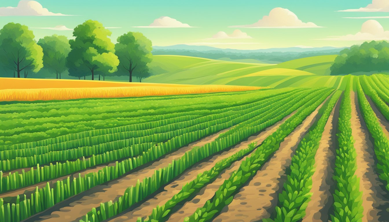 A lush Texas field with rows of vibrant green asparagus plants, basking in the warm spring sunlight