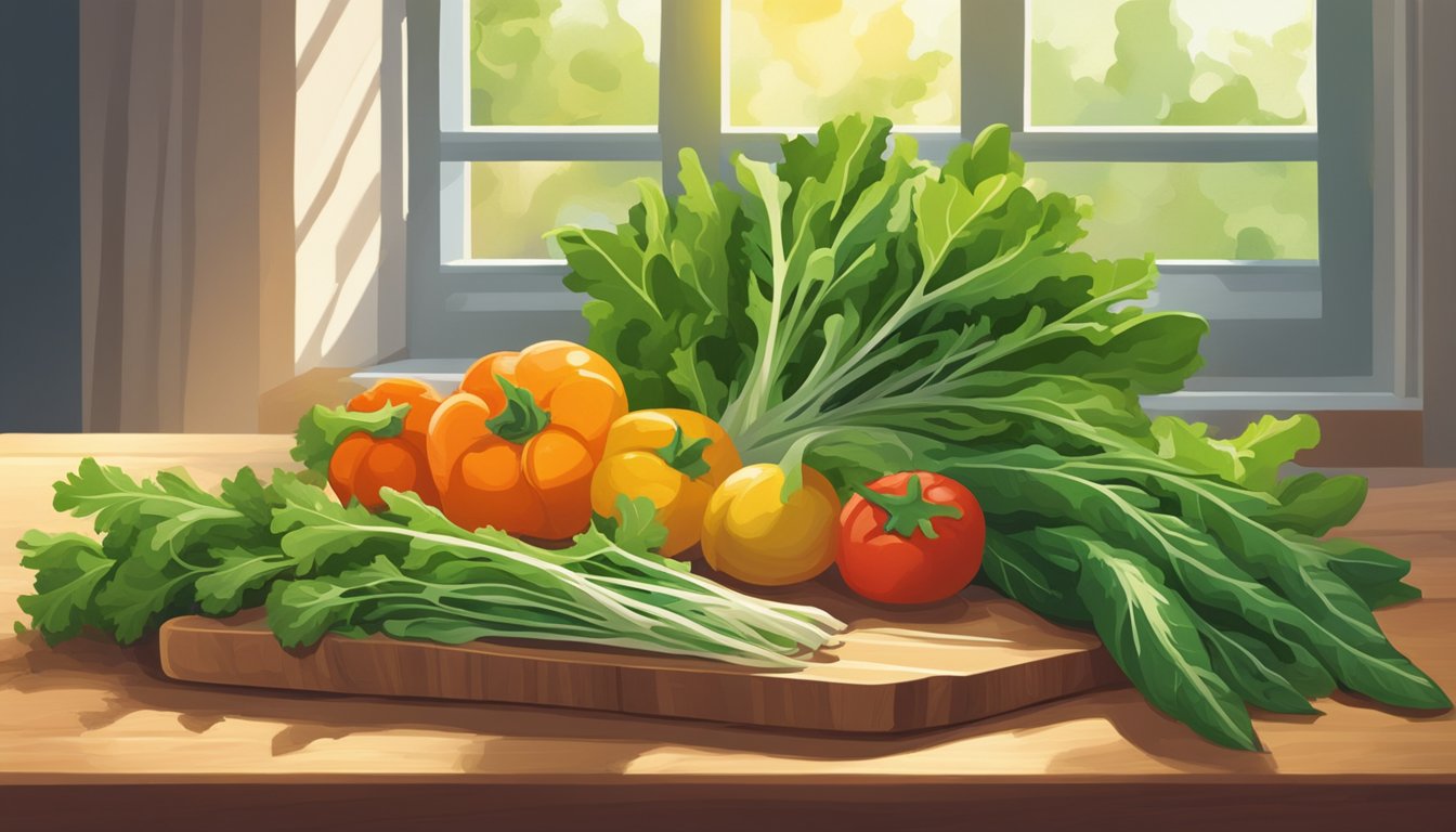 A vibrant bunch of fresh arugula sits on a wooden cutting board, surrounded by colorful seasonal vegetables and herbs. Sunlight streams in through a nearby window, casting a warm glow over the scene