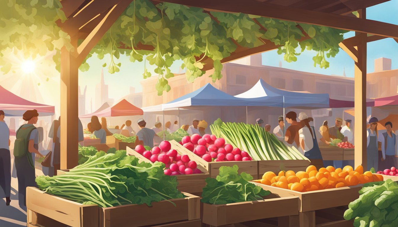 A bustling farmers market stall with vibrant green arugula, colorful radishes, and crisp cucumbers displayed on wooden crates. Sunlight filters through the canvas canopy, casting a warm glow over the scene