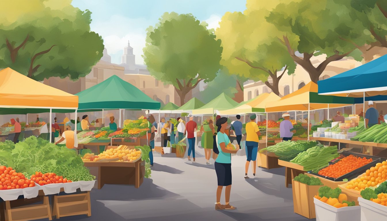 A vibrant, bustling farmers market in Texas, with colorful displays of freshly harvested arugula and other seasonal produce