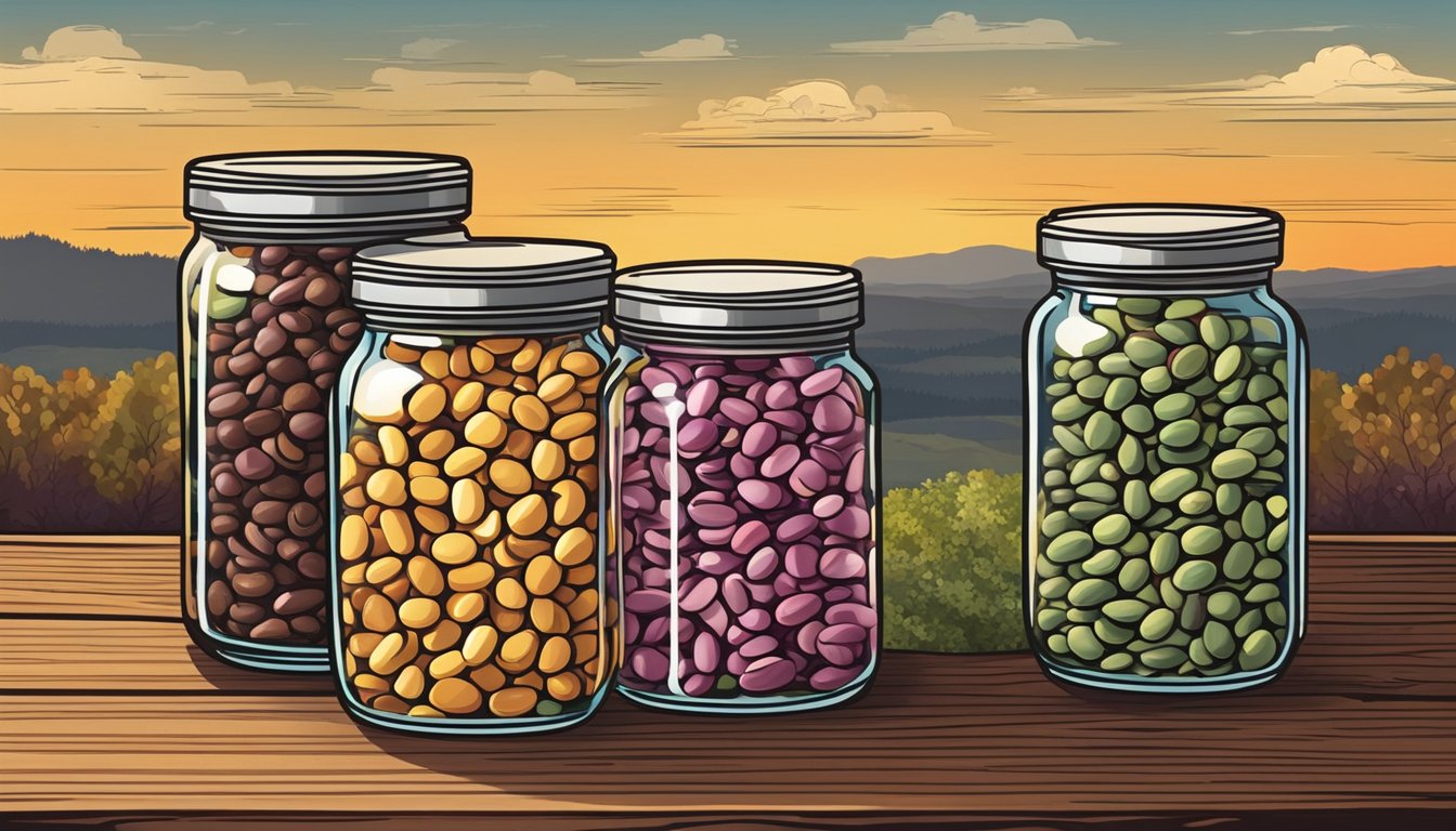 A colorful assortment of dry beans arranged in glass jars on a rustic wooden table, with a Texas landscape in the background