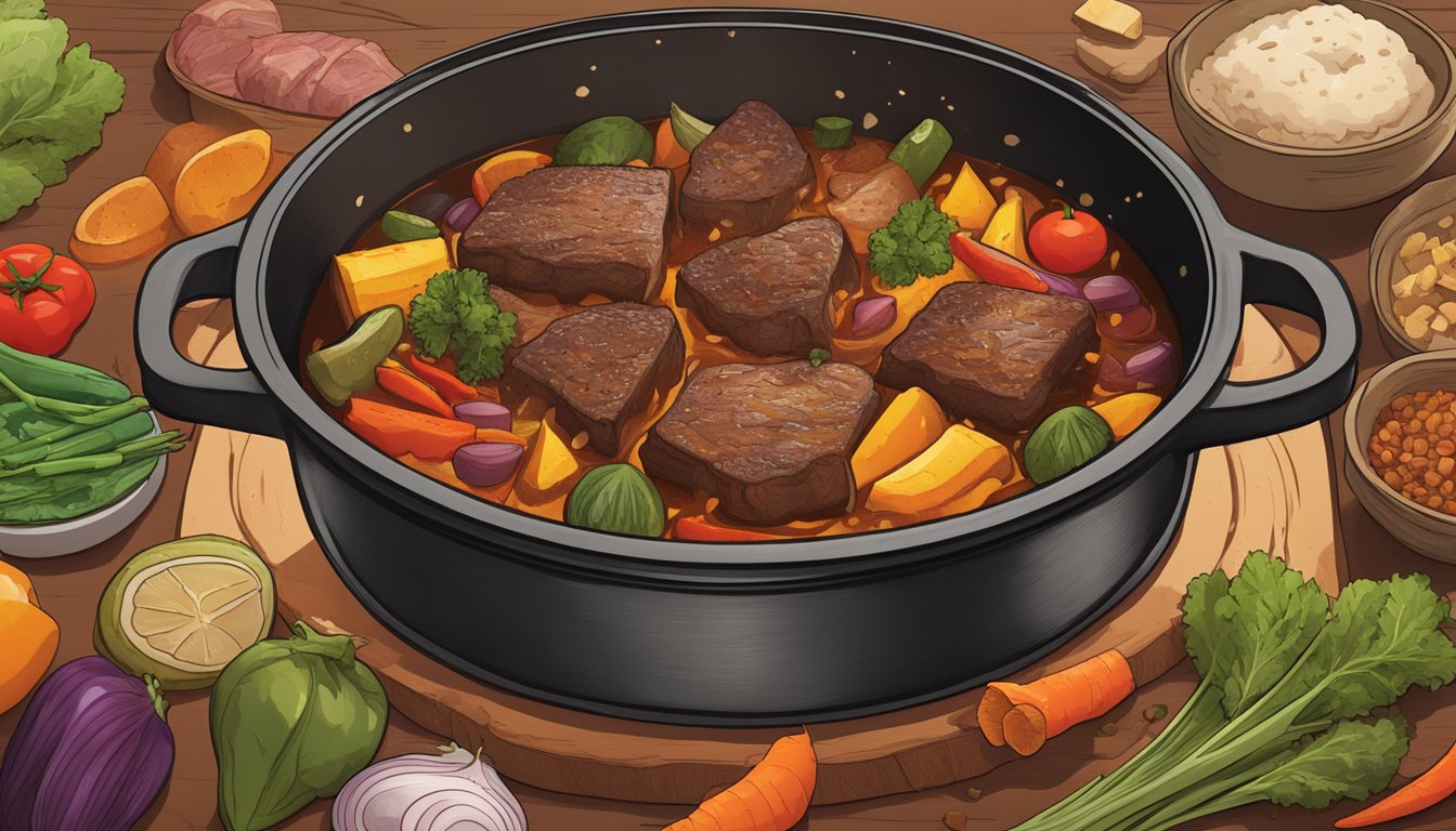 A cast iron pot simmering over a flame, filled with chunks of tender meat and colorful vegetables, surrounded by the warm, earthy aroma of seasonings and aromatics