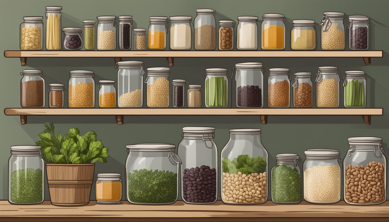 A rustic kitchen pantry in Texas with shelves filled with various types of dry beans in glass jars and burlap sacks, surrounded by preserved vegetables and herbs