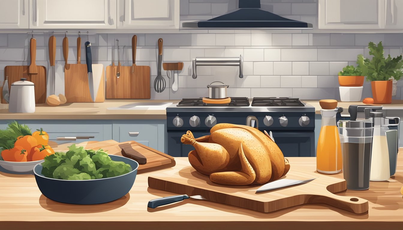 A cutting board with a whole chicken, a sharp knife, and various kitchen tools laid out on a clean, well-lit countertop in a Texas kitchen