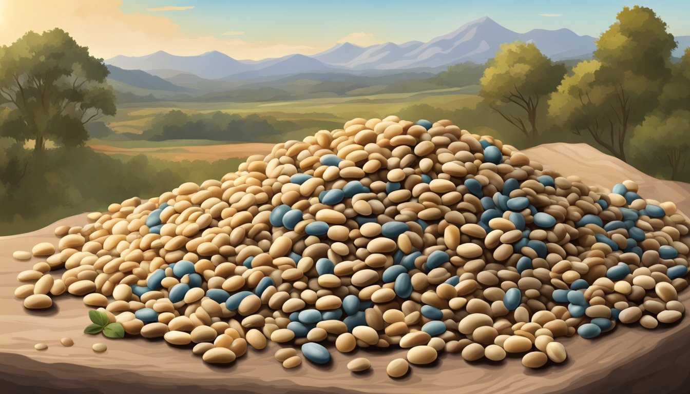 A pile of dry beans in various stages of spoilage, with visible mold and discoloration, set against the backdrop of a Texas landscape