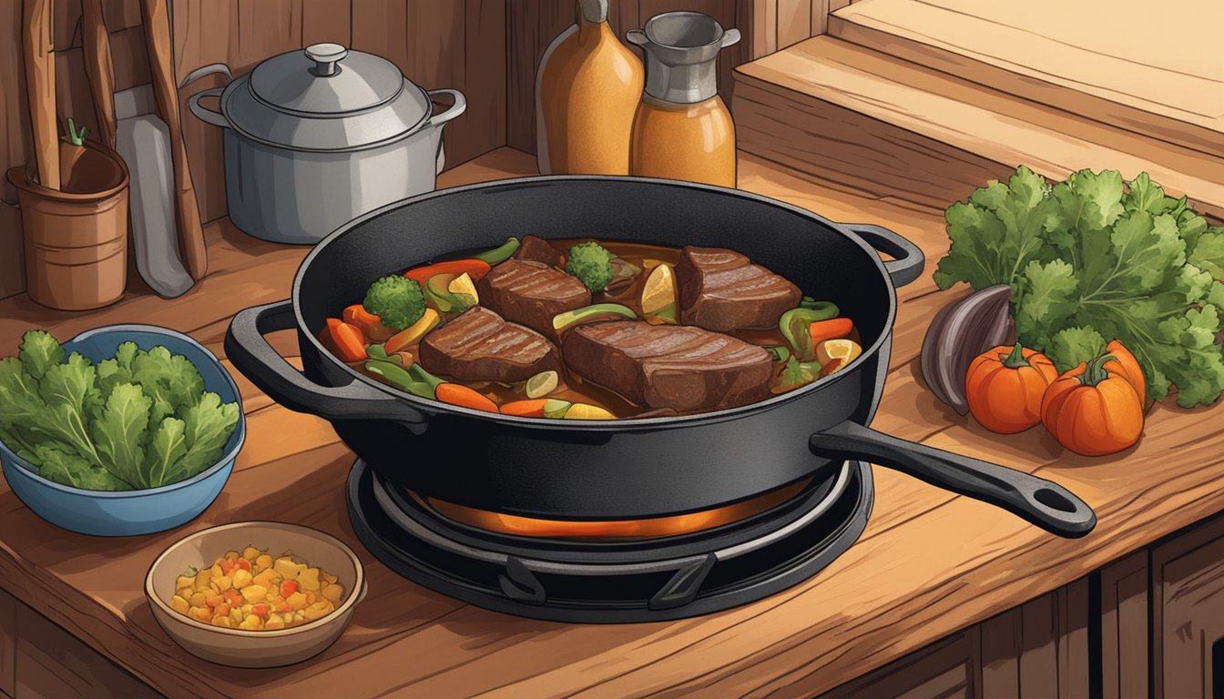 A cast iron pot simmering on a stovetop, filled with braised meat and vegetables, surrounded by rustic Texas kitchen decor