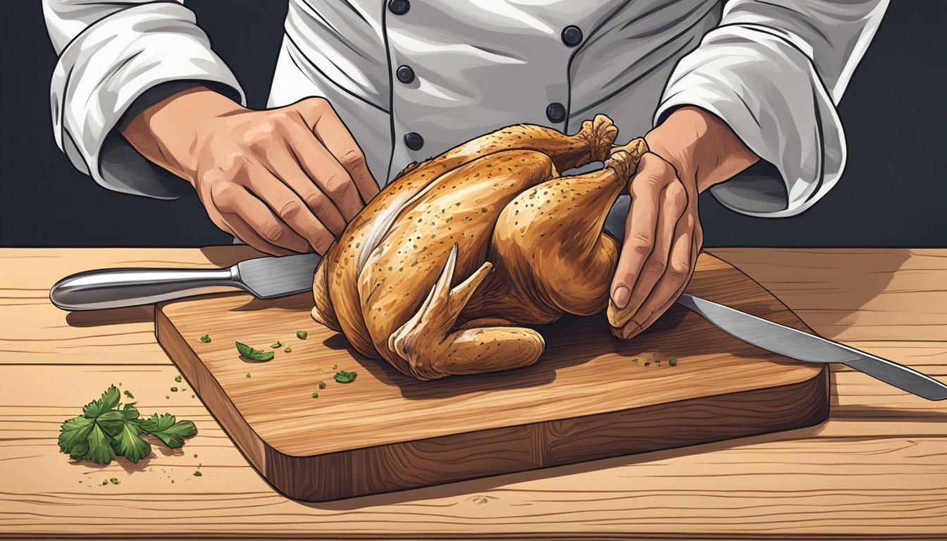 A chef's hands expertly breaking down a whole chicken into sections on a wooden cutting board