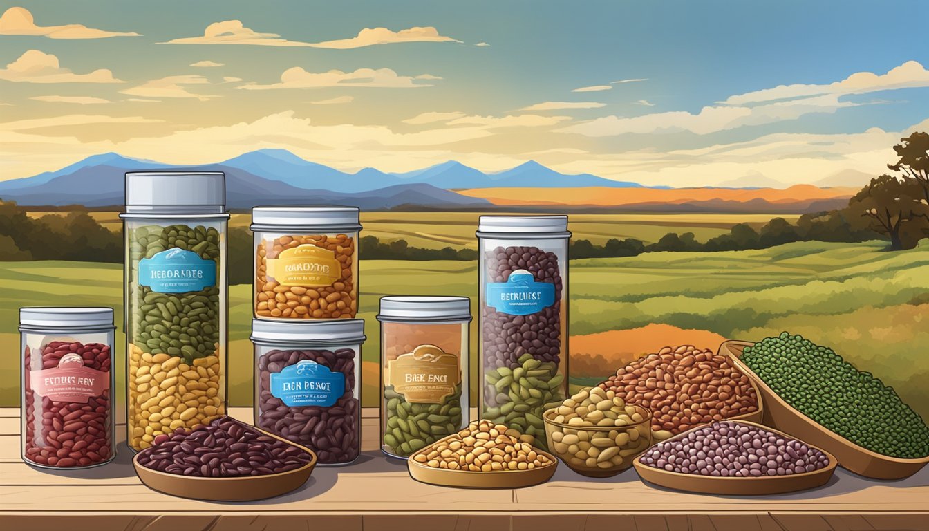 A colorful array of dried beans in various containers, with a Texas landscape in the background