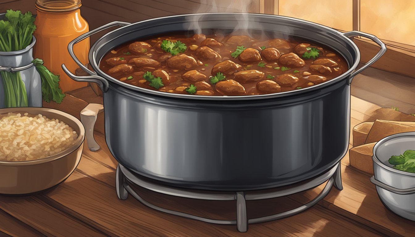 A large pot of Beyond Meat simmers in rich, savory sauce over a low flame in a rustic Texas kitchen